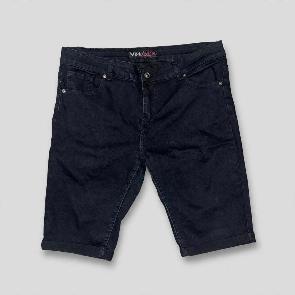 Black Denim Bermuda Shorts Vim Vixen Size 15 Cuffed Mid Rise - Picture 1 of 3